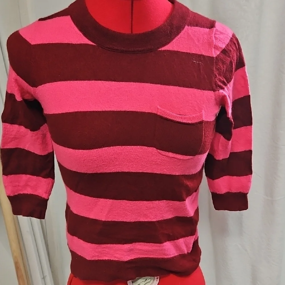 J. Crew Pink and Red Striped Crew Neck Sweater